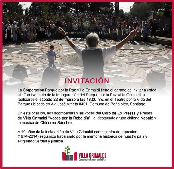 INVITAN A CONMEMORAR EL 17 ANIVERSARIO DEL PARQUE POR LA PAZ VILLA GRIMALDI