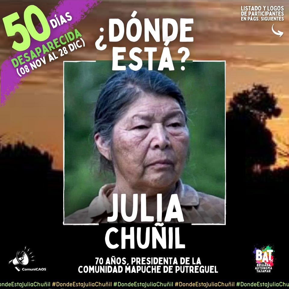 Líder mapuche chilena Julia Chuñil cumple dos meses desaparecida